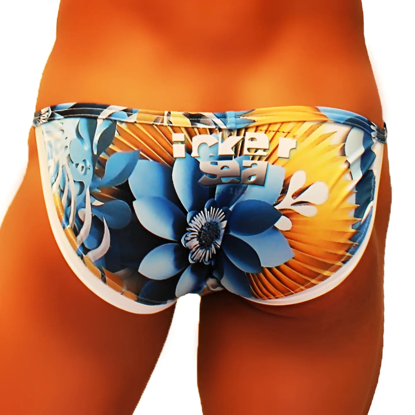 Icker sea greek floral micro slip bikini swimwear with blue and orange floral patterned men’s swim trunks and inner sea branding