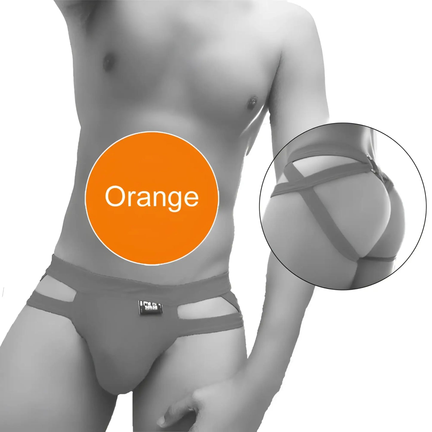 Gray athletic jock string underwear with a distinctive orange circular label on the front by icker sea hoops