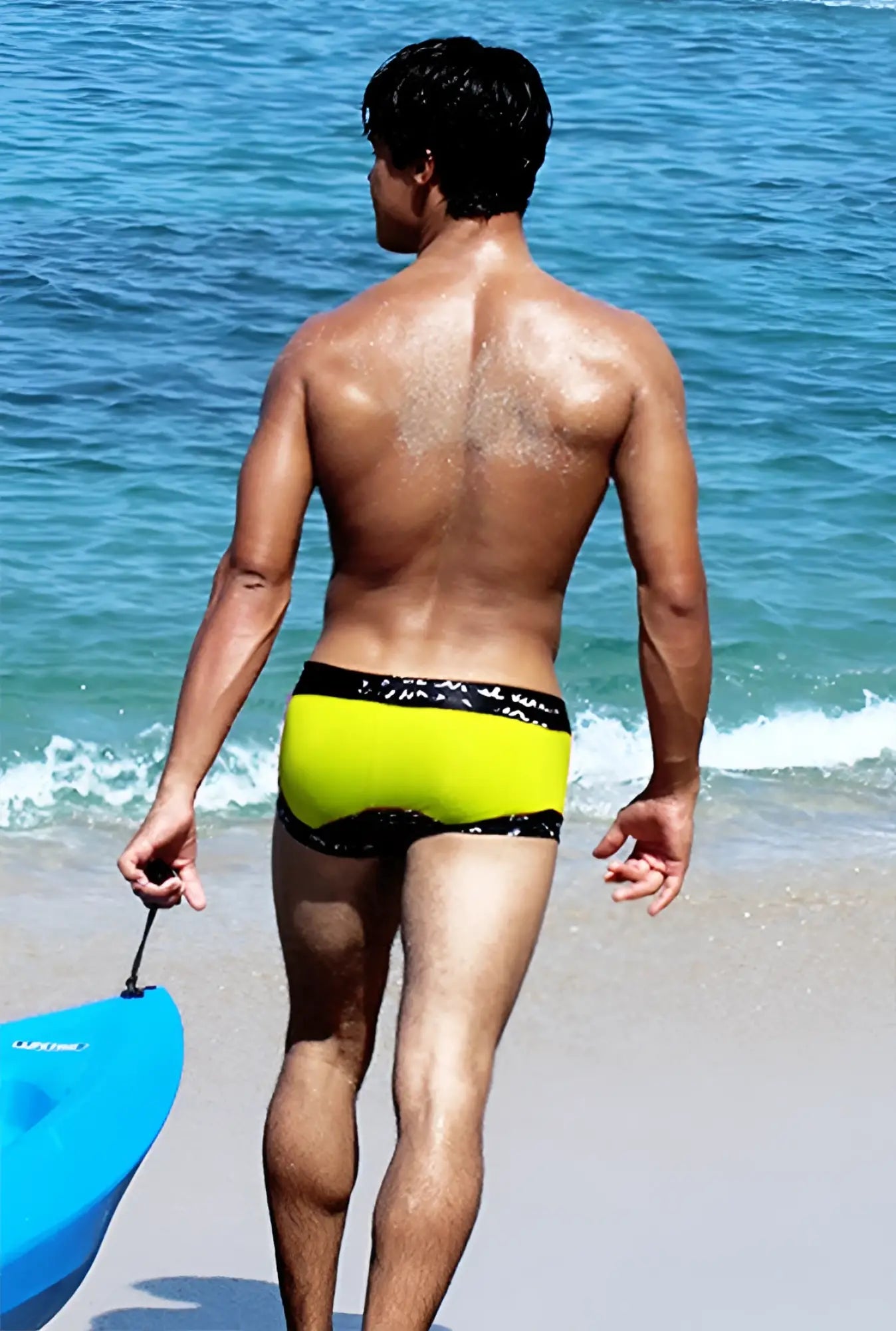 Icker Sea bright yellow swim trunks with black patterned waistband lace up contrast square cut design mango black