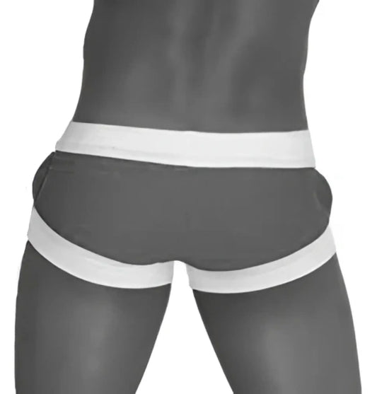 Black and white striped snug fit briefs from icker sea legs shoe lace pouch square cut trunk swimwear pink cob-13-45