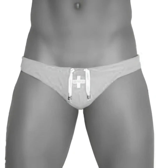 Gray icker sea lifeguard jock brief swimwear with white cross emblem and drawstring ties for athletic use