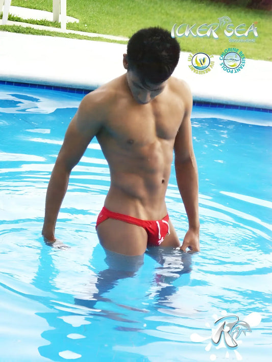 Red swim trunks with white trim from icker sea lifeguard micro slip bikini swimwear red cob-13-10 display the front side