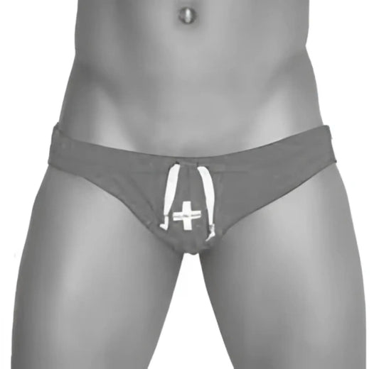 Gray Icker Sea lifeguard slip bikini swimwear with white drawstring and cross emblem in green COB-13-23 design