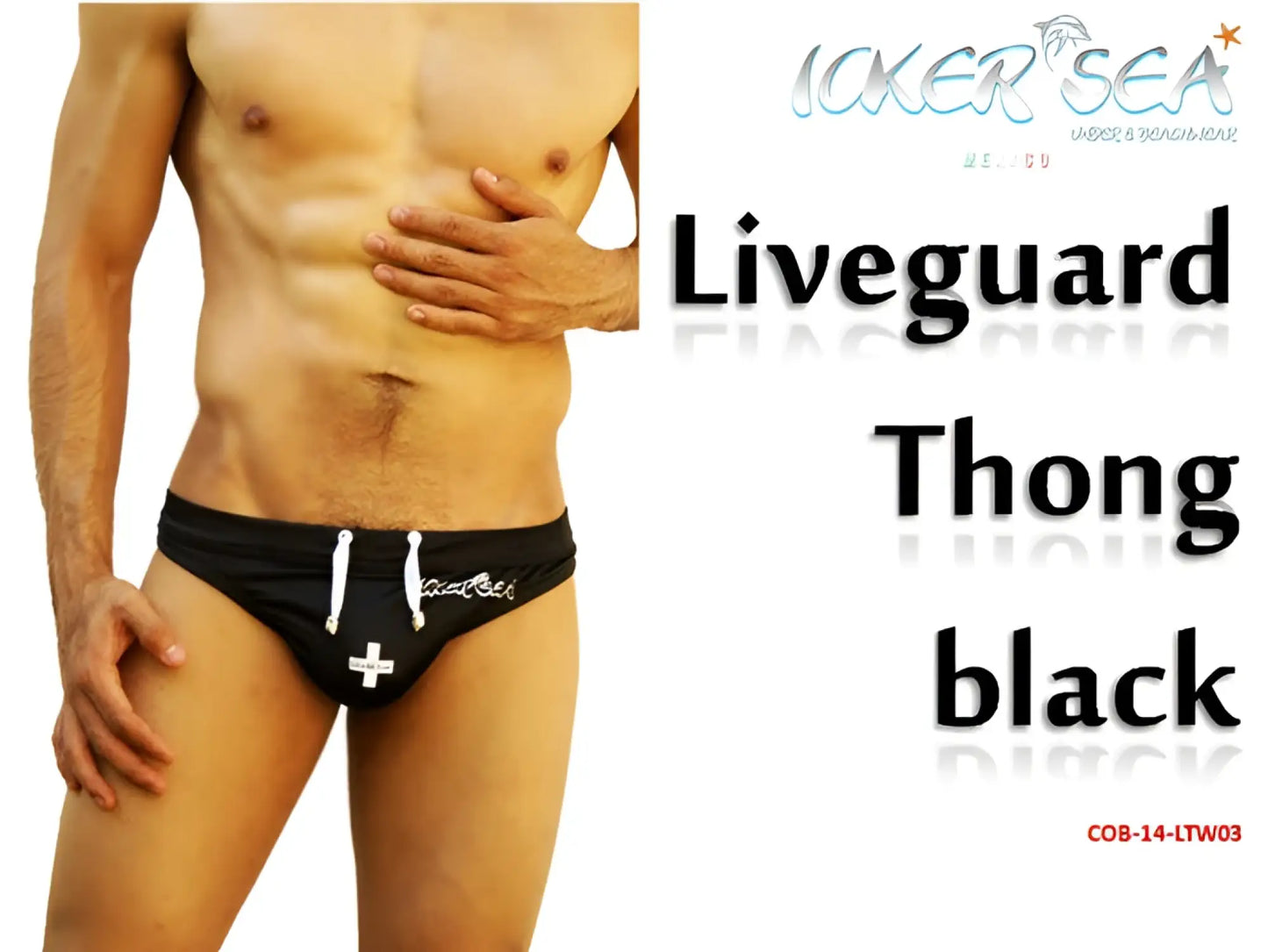 Black icker sea lifeguard tanga thong swim trunks with white drawstrings and cross emblem front view