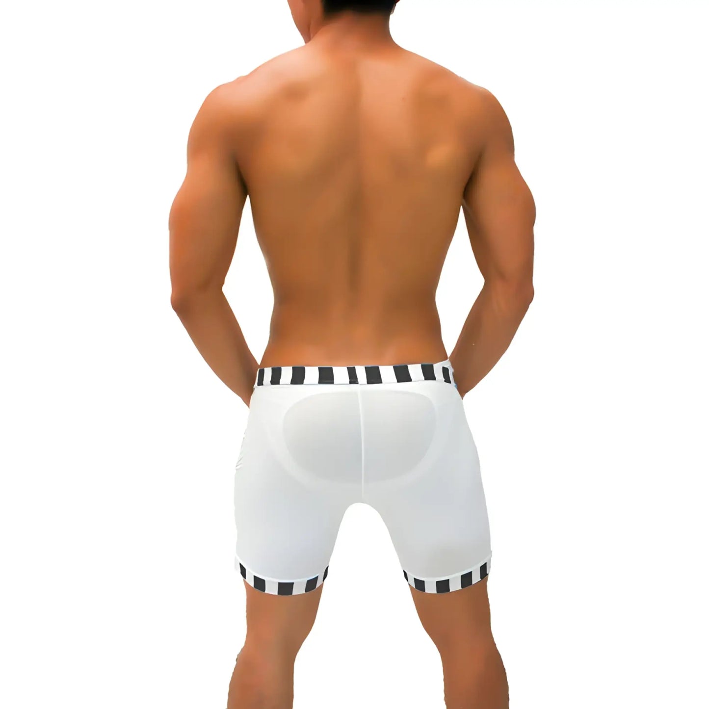 White athletic shorts with black and white candy stripe trim and a padded back panel from icker sea lines