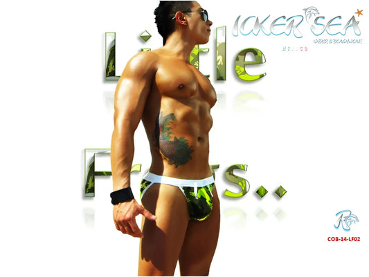 Green and black patterned swim trunks with white waistband from icker sea little frogs microslip bikini swimwear cob-14-lf02
