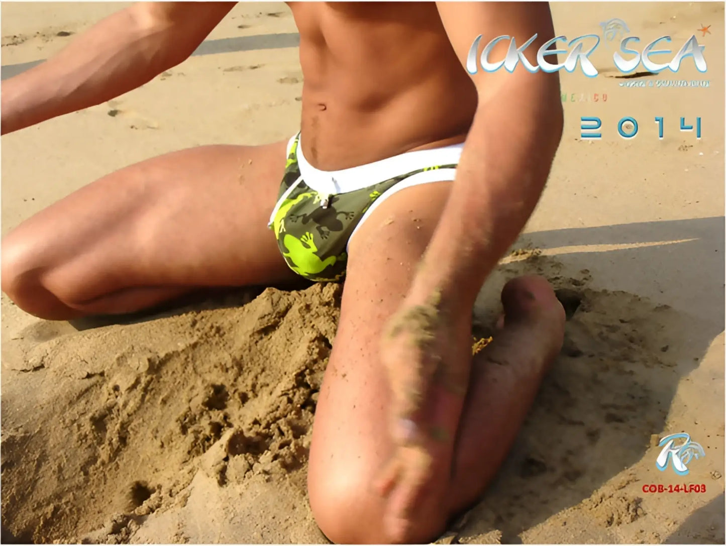 Icker Sea little frogs slip bikini swimwear features neon green and black camouflage swim trunks with white trim