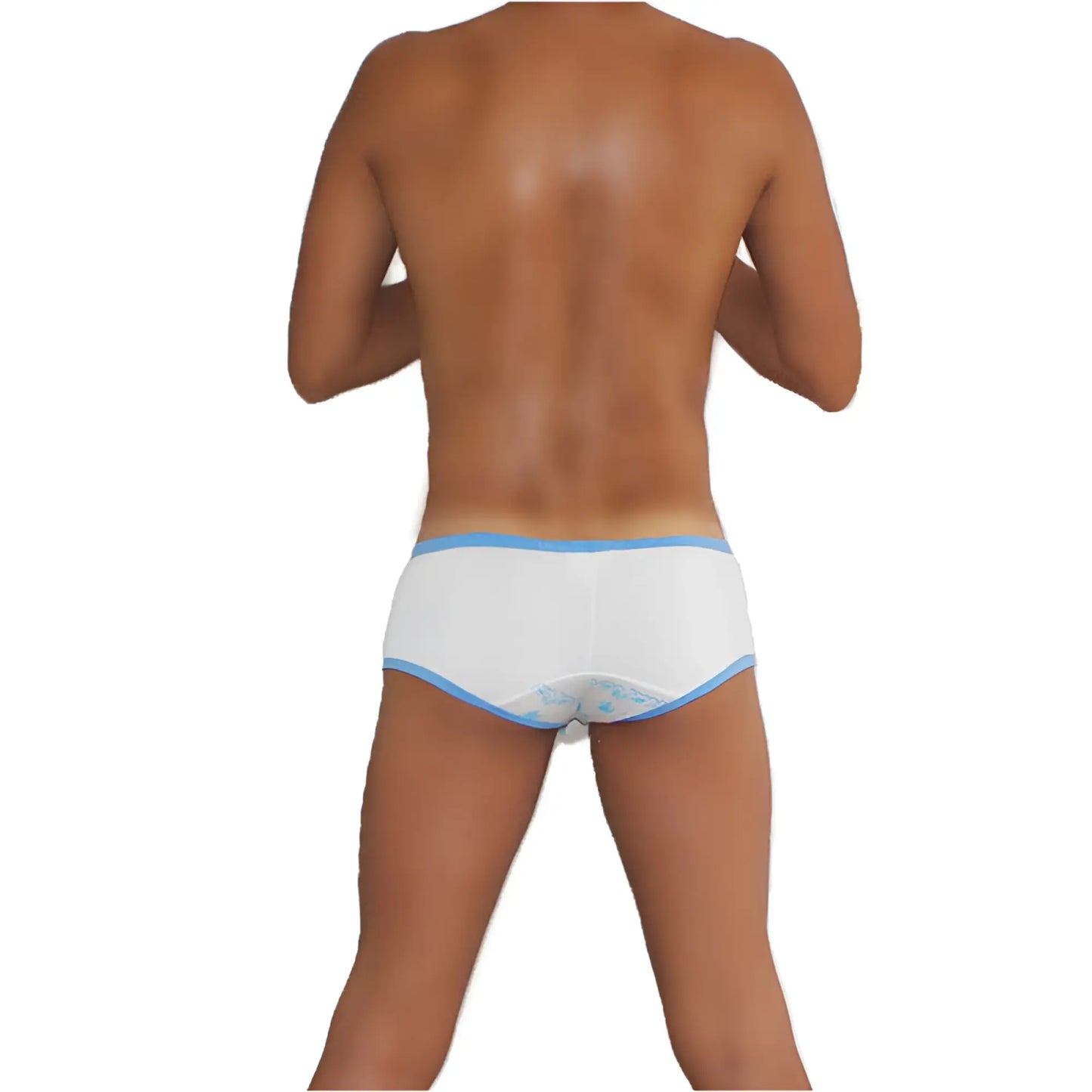 White icker sea logo pouch mini boxer briefs with blue contrast trim and subtle back pattern visible
