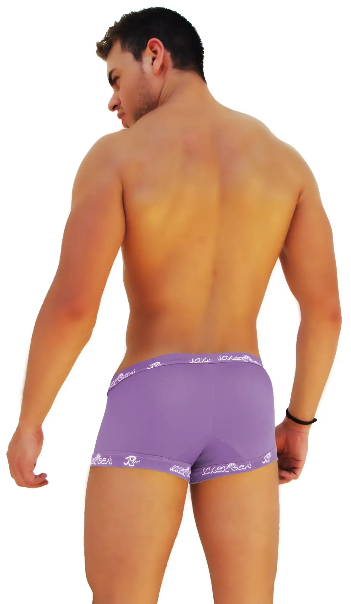 Purple icker sea logo trim boxer brief underwear with white sicre branding on waistband and leg openings