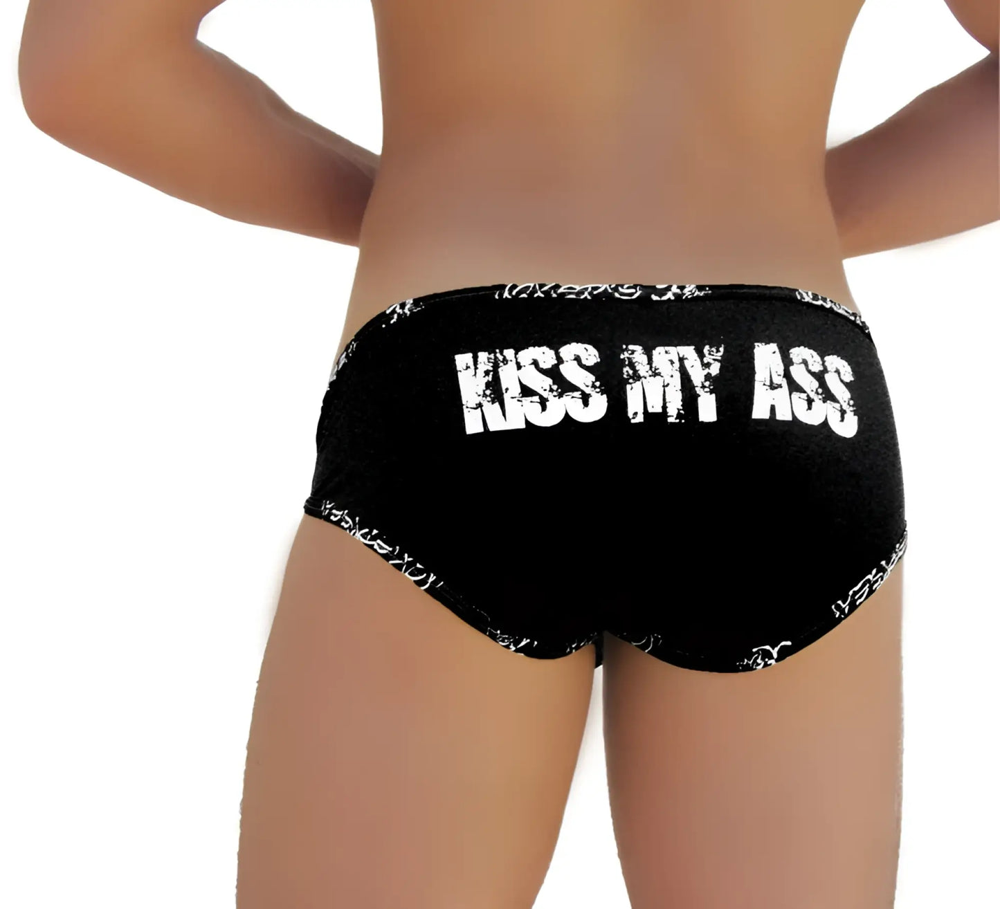 Black briefs showing the back side with white distressed kiss my ass text from icker sea logo trim collection