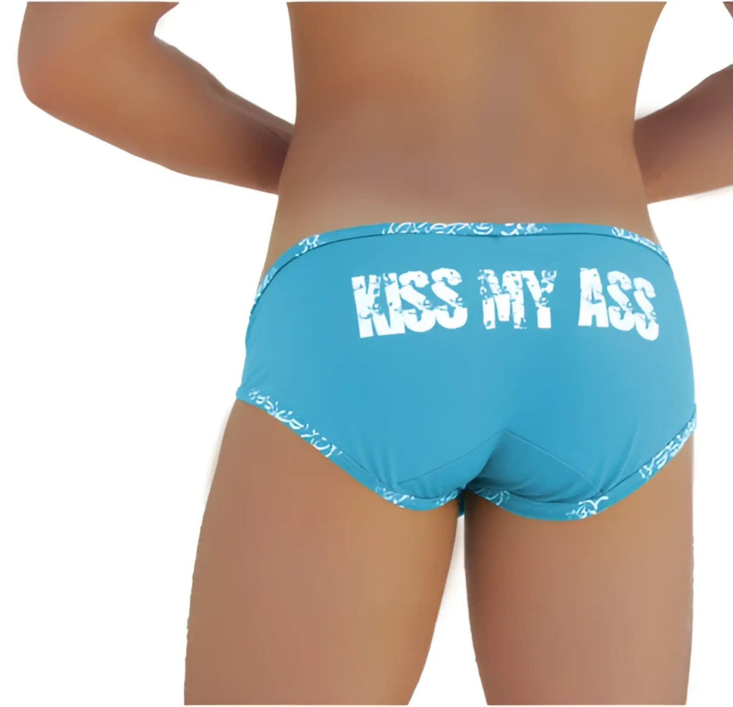Blue icker sea logo trim kiss my ass brief underwear featuring a distressed blue bikini bottom with white text