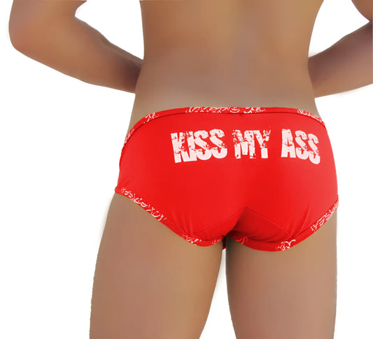 Red icker sea brief underwear with white kiss my ass text and repeating logo trim on the waistband