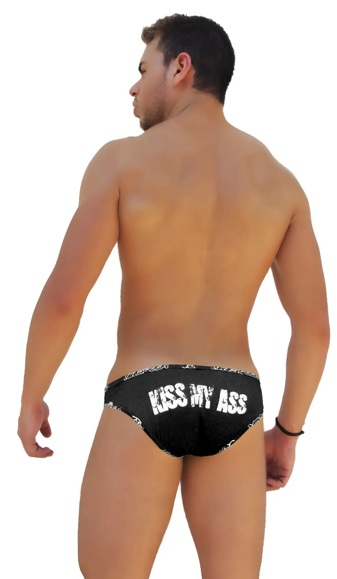 Black icker sea slip bikini underwear with white kiss my ass text and bandana pattern waistband trim