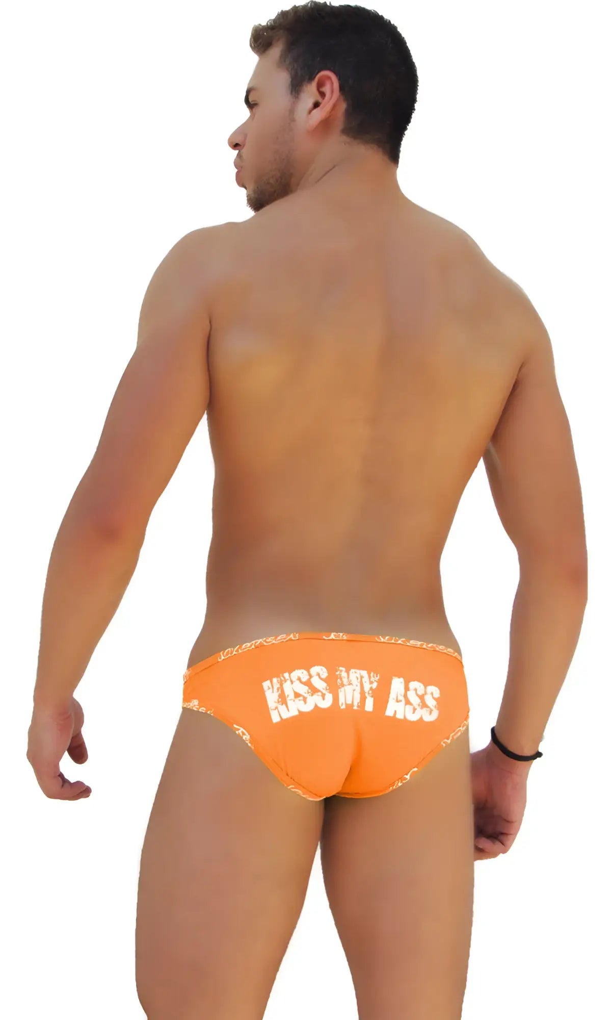 Orange icker sea logo trim kiss my ass slip bikini underwear featuring white text and decorative waistband pattern
