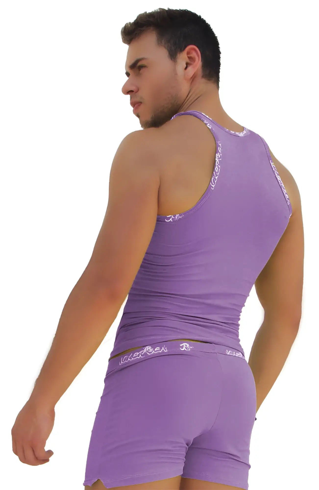 Purple sleeveless tank top with white logo trim on straps and waistband by icker sea for casual wear