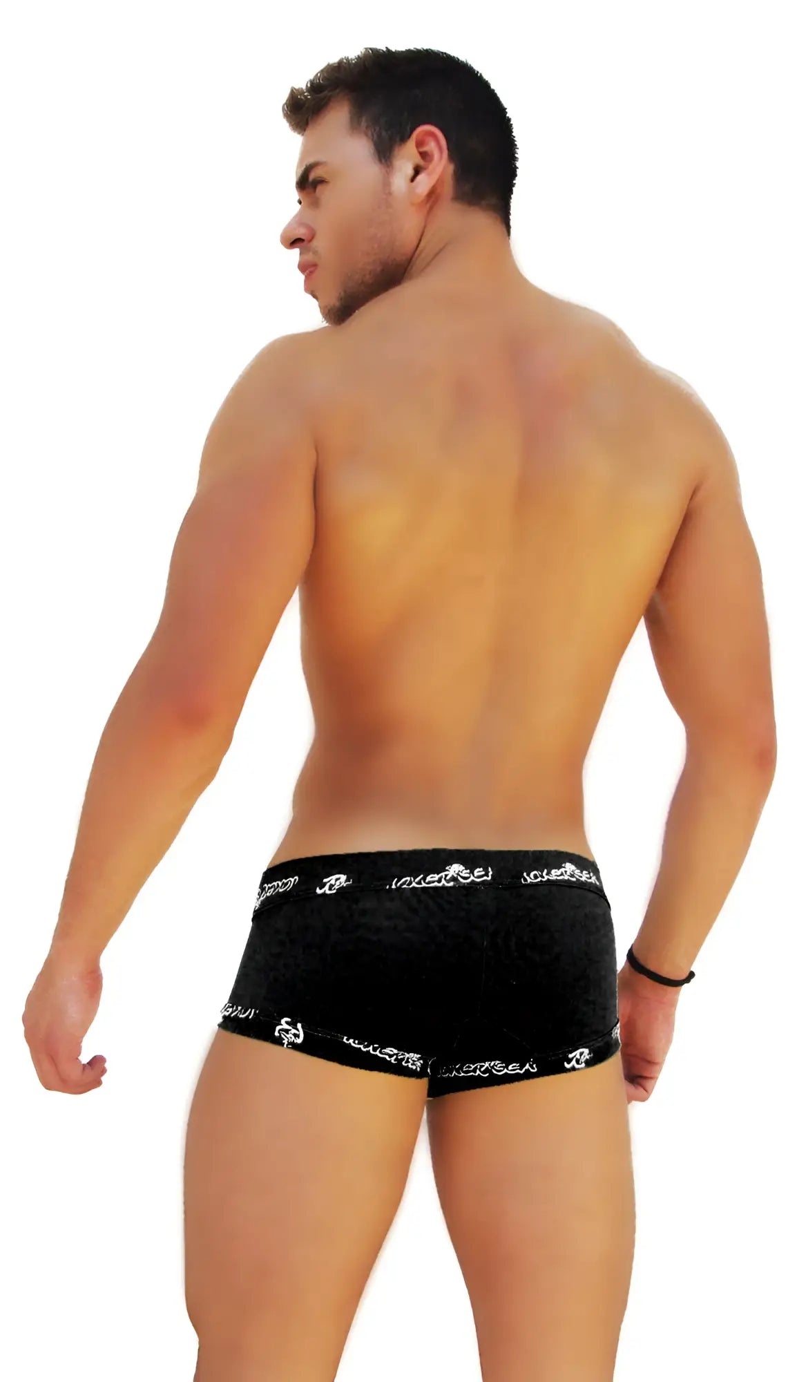 Black velvet briefs with white logo trim lace front boxer brief underwear by icker sea in black