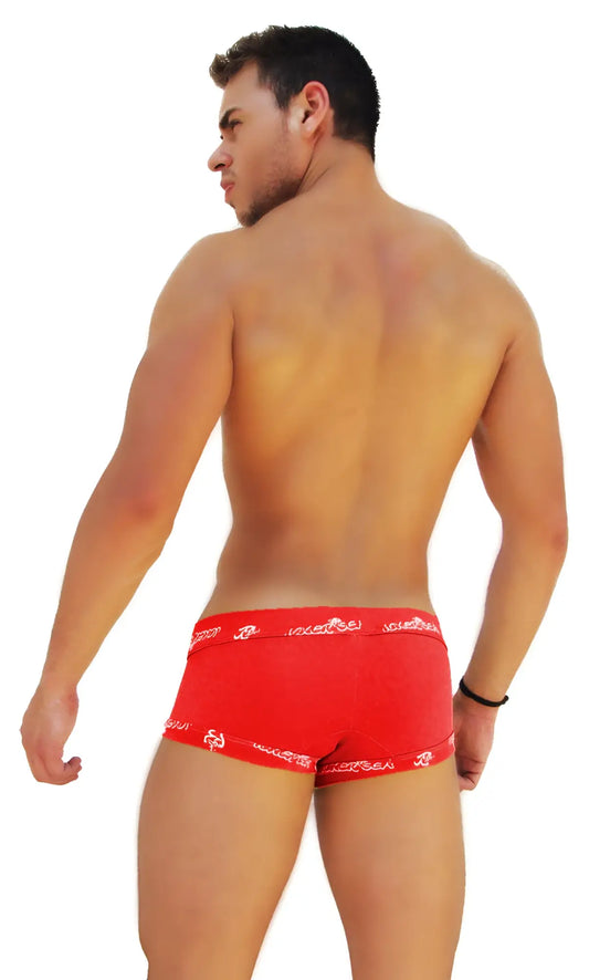 Red men’s boxer briefs with lace front and white icker sea logo trim on waistband in vibrant red color