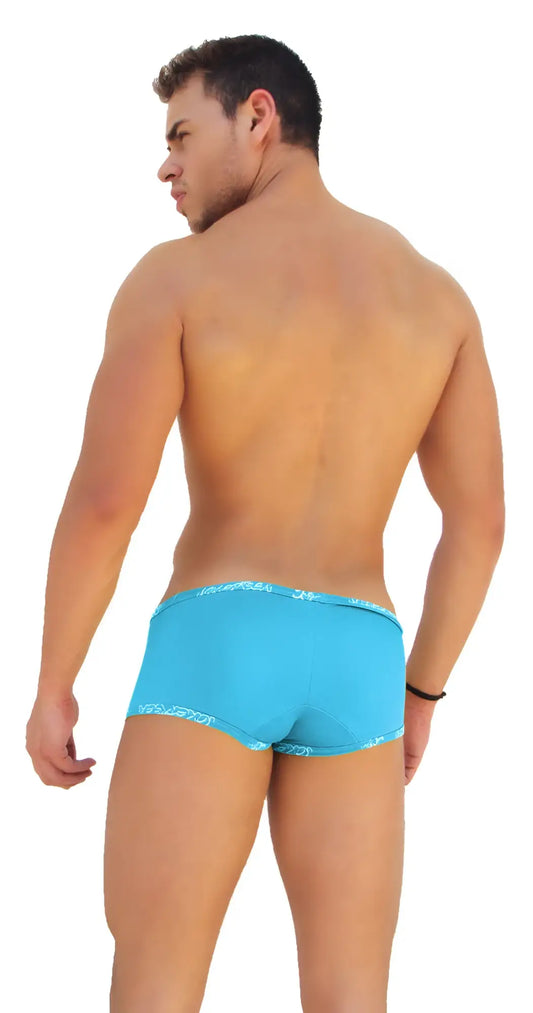 Icker sea logo trim low boxer brief underwear in bright turquoise with subtle white pattern on waistband and leg openings