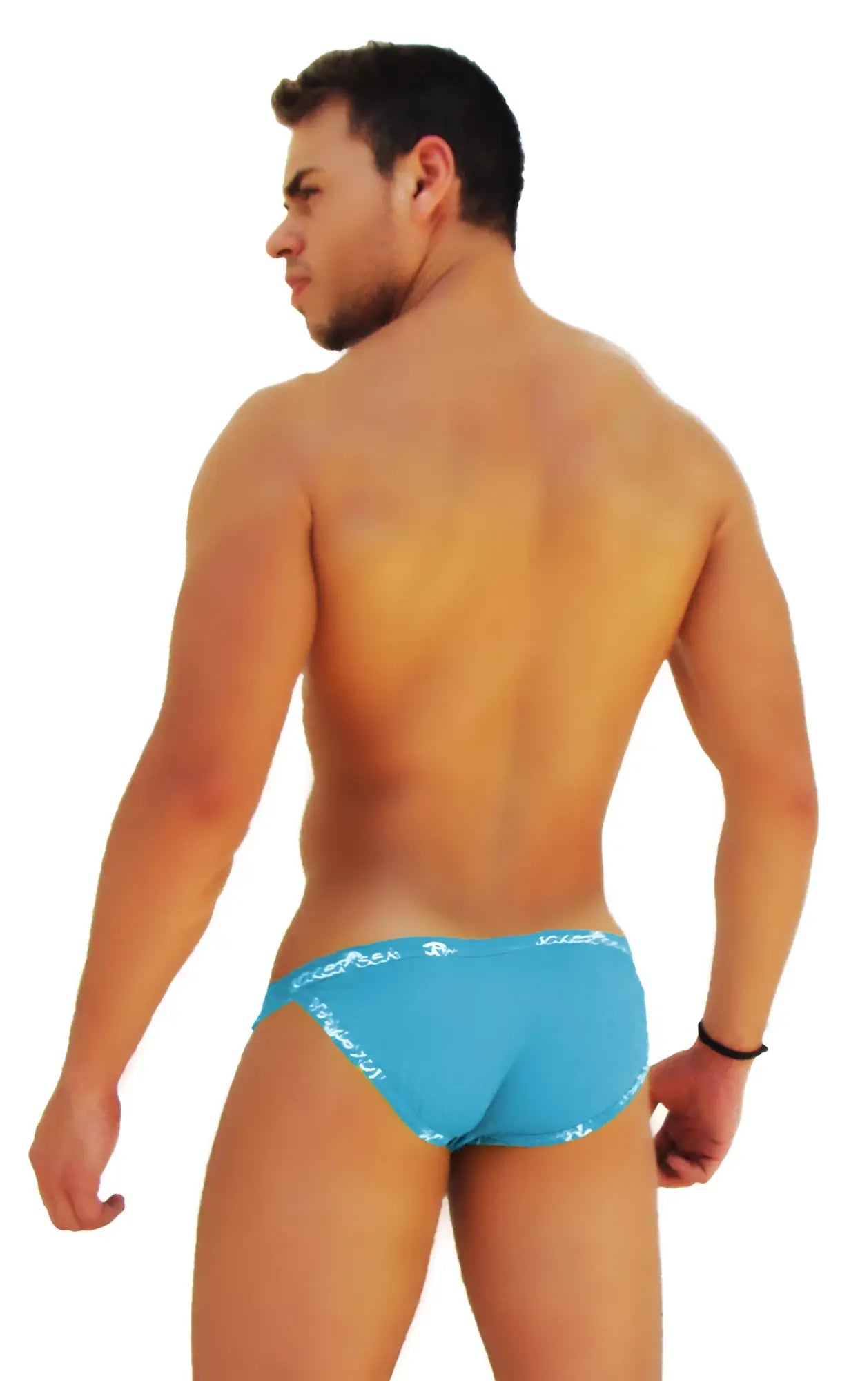 Blue icker sea logo trim microslip bikini underwear featuring bright blue swim trunks with white waistband logo pattern