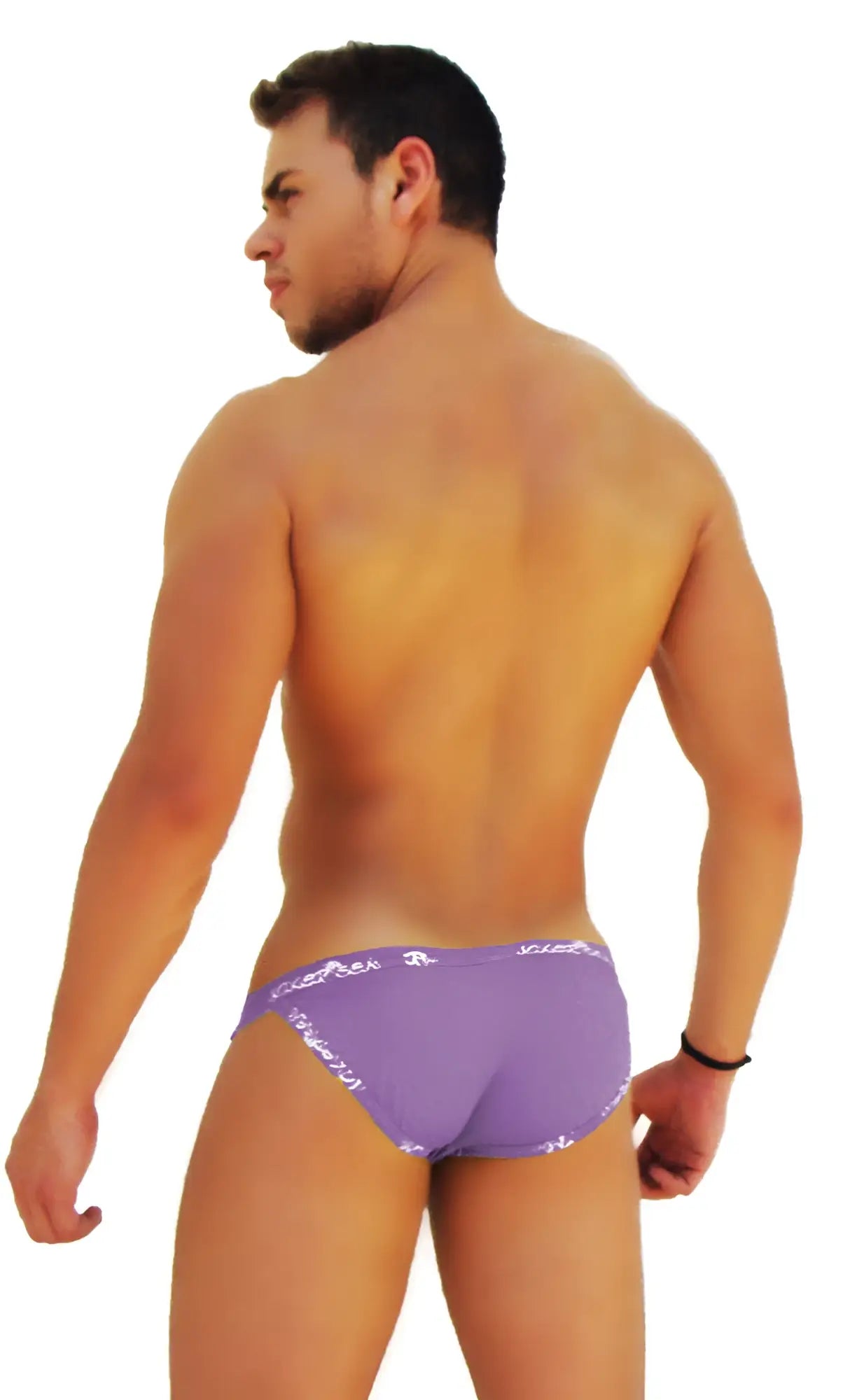 Purple icker sea logo trim microslip bikini underwear for men with white lettering along the waistband