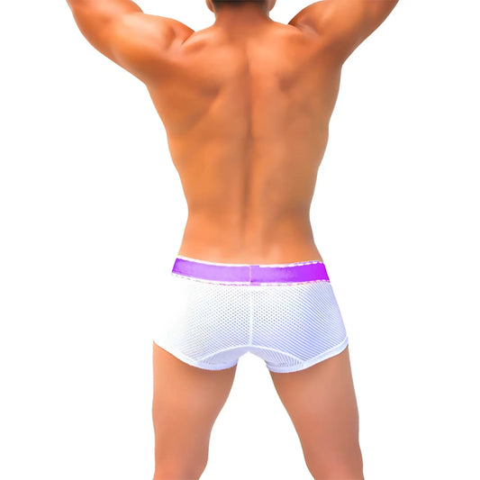 Icker Sea mesh contrast boxer brief underwear in white mesh with a vibrant purple waistband COI-22-04