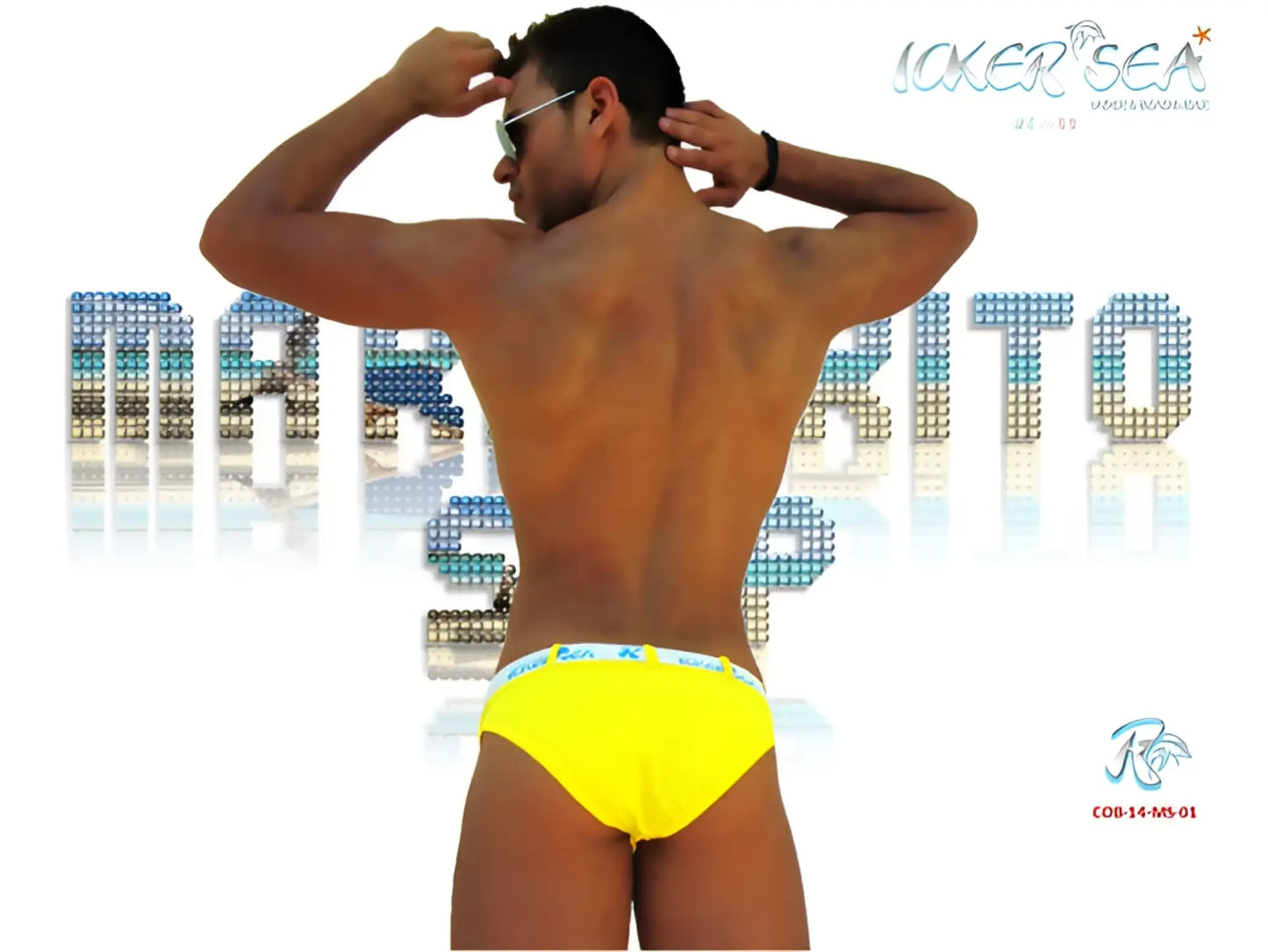 Bright yellow icker sea sailor belted logo slip bikini swimwear with white elastic waistband featuring blue and black text