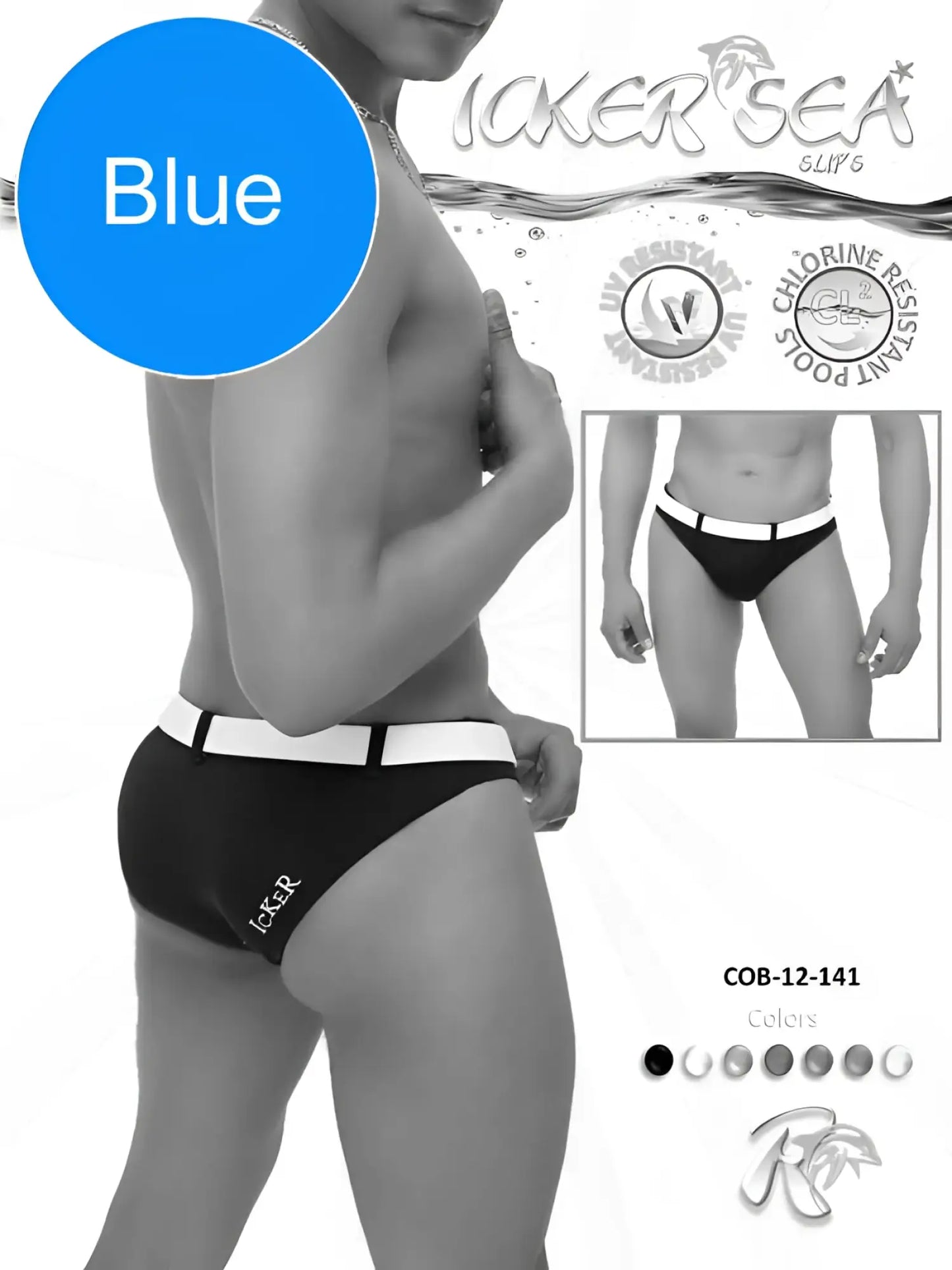 Black and white Icker Sea sailor belted slip bikini swimwear with bold white waistband in blue and white COB-12-141