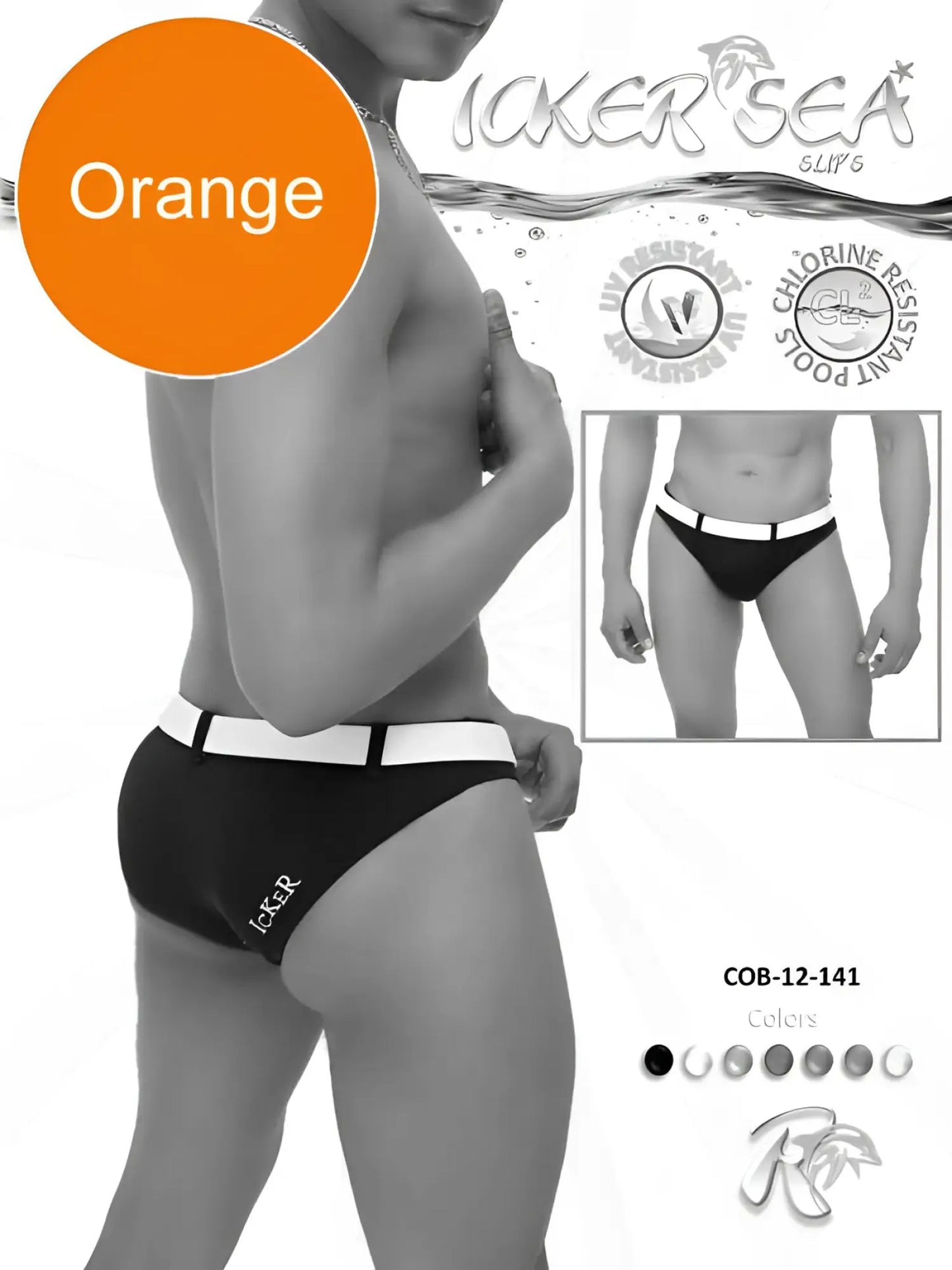 Black and white striped swim trunks with subtle laker sea logo from Icker Sea Sailor Belted Slip Bikini swimwear Orange White