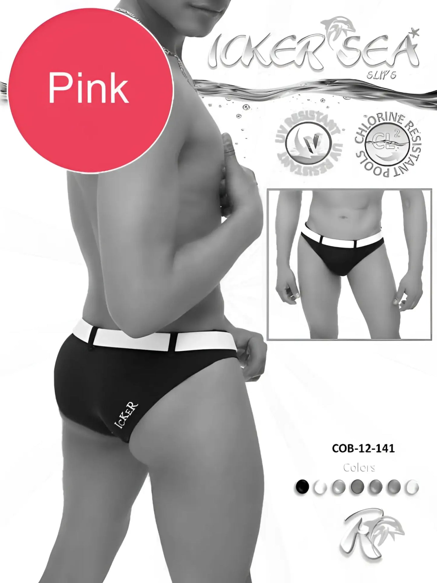 Black and white men’s swim trunks with a bold pink and white belted waistband from icker sea sailor slip bikini COB-12-141