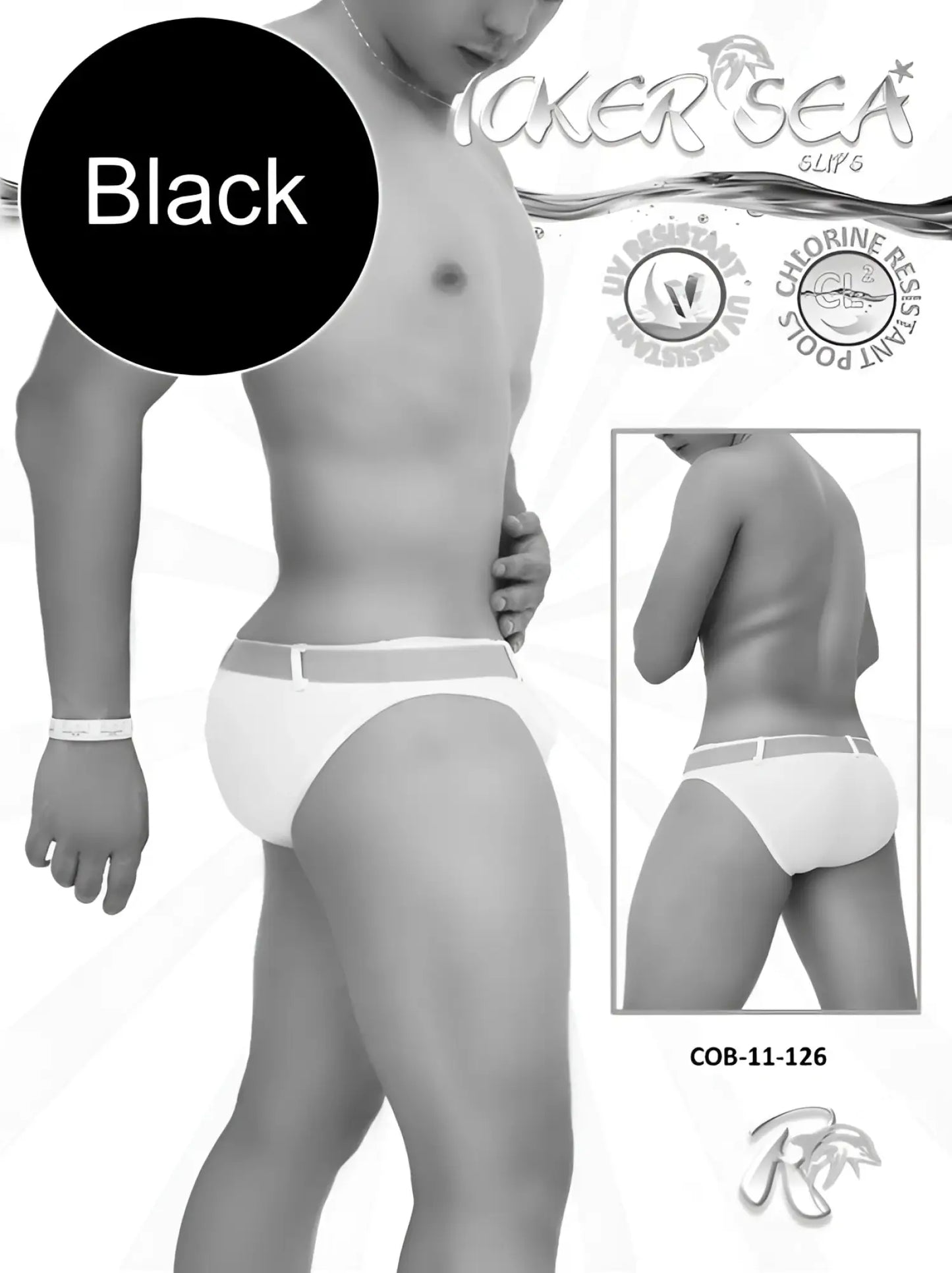 Black mens Icker Sea Sailor belted slip bikini swim trunks with white waistband and side stripes in white black