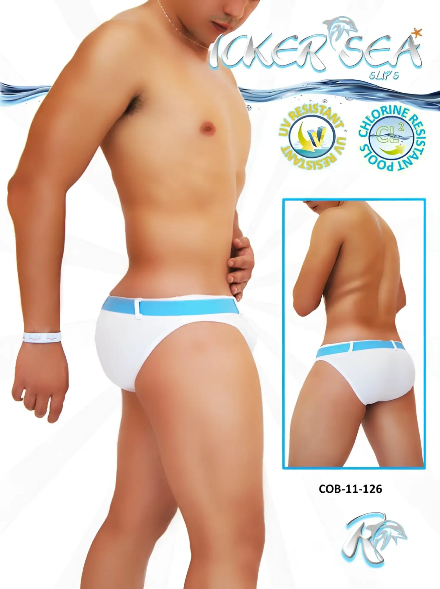 White swim trunks with a light blue waistband featuring the ticker sea brand logo and model number cob-11-126