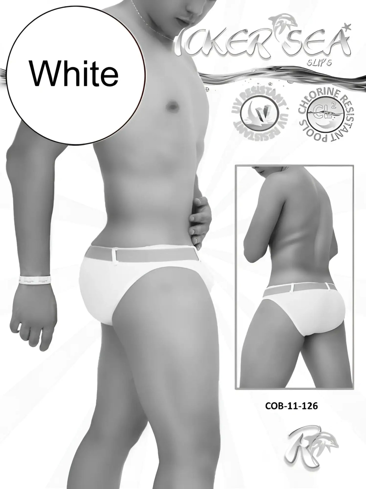 White men’s swim trunks with gray waistband featuring vicker sea logo and chlorine-resistant design cob-11-126