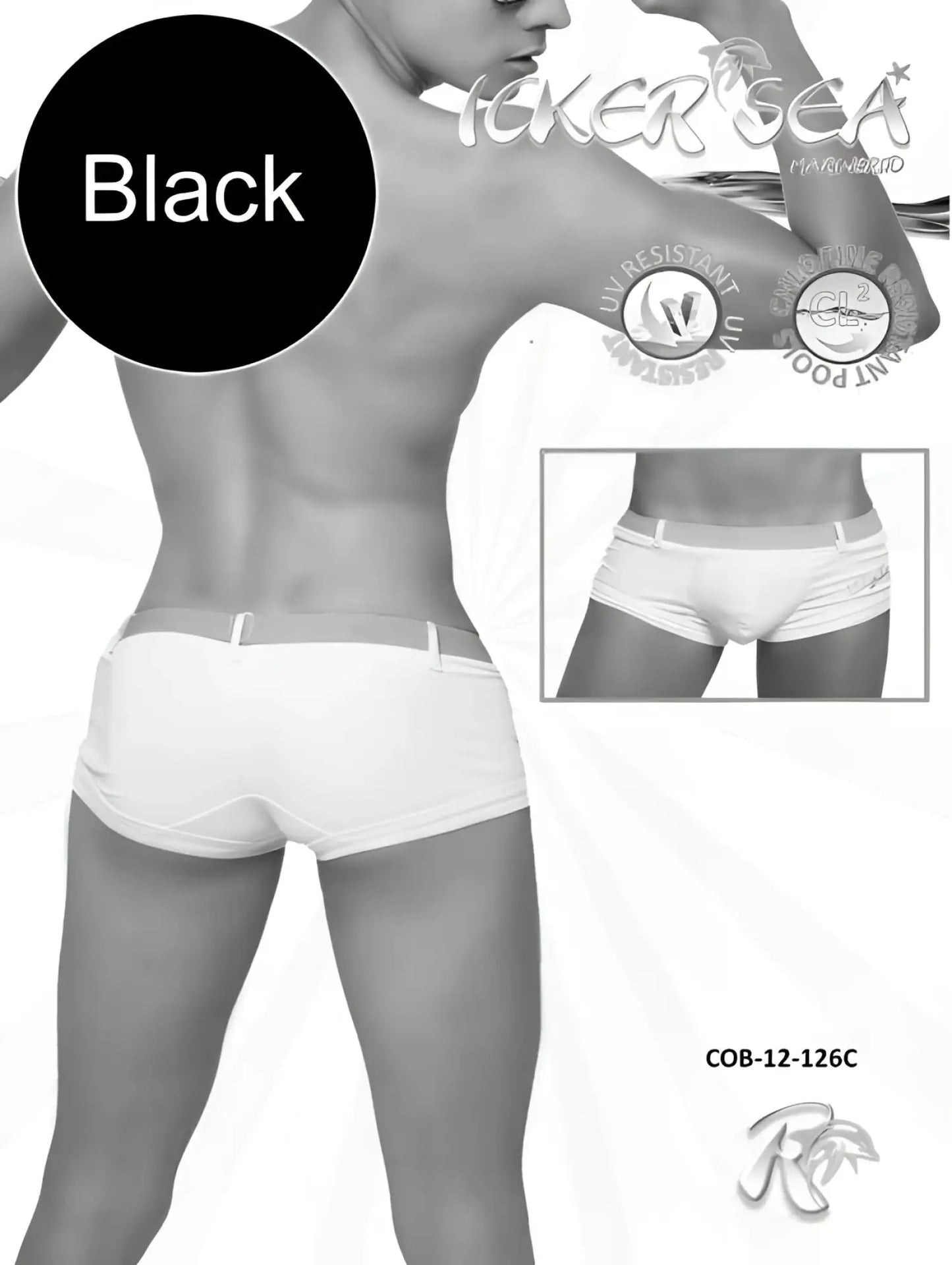 Black men’s swim trunks with a white waistband and subtle side branding icker sea sailor belted square cut trunk in white black