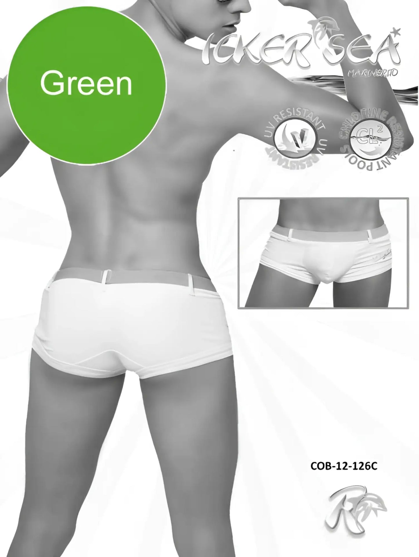 Icker Sea Sailor belted square cut trunk swimwear in white with green color indicator circle and brand logo