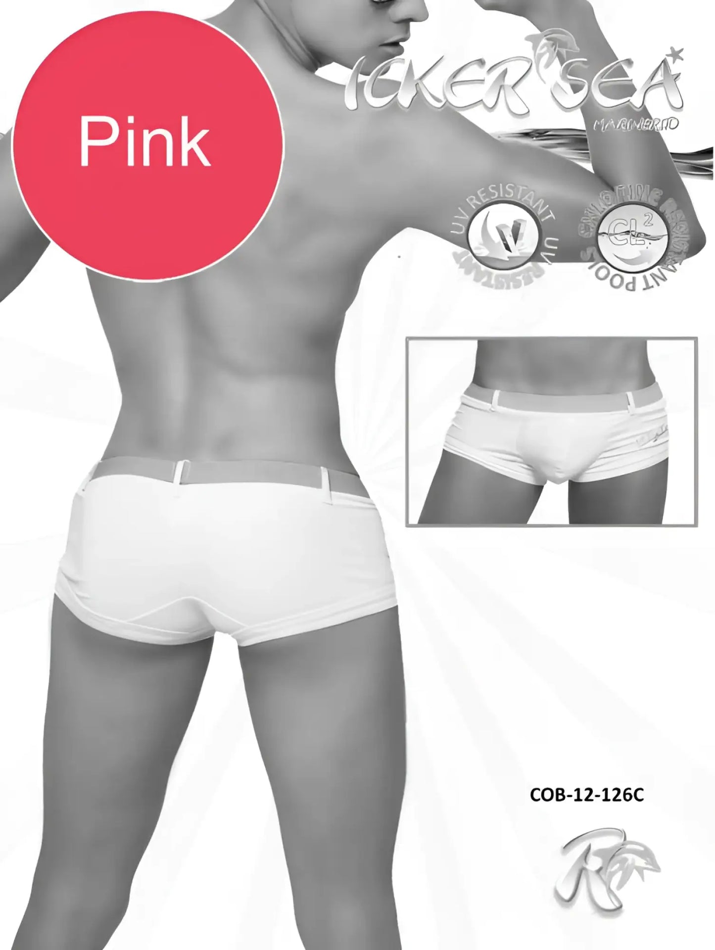 Pink icker sea sailor belted square cut trunk swimwear with white waistband and side stripes for men