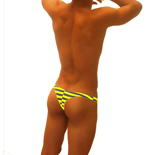 Icker Sea Sailor stripe enhancement c-ring thong underwear in bright yellow and black with bold diagonal swim trunk pattern