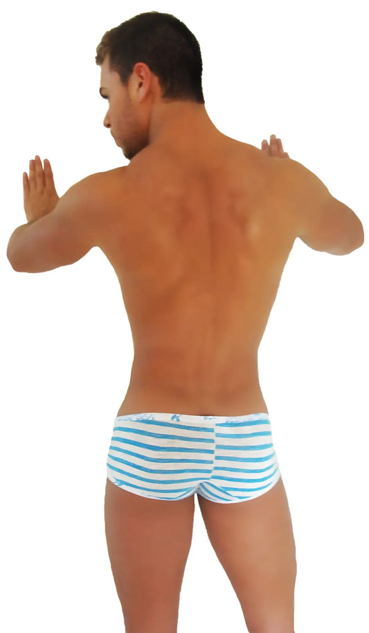 Icker sea sailor stripe low boxer brief underwear in blue and white stripes with logo trim for comfortable wear