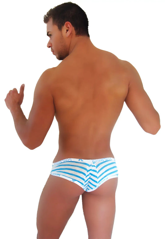 Blue and white striped men’s briefs with logo trim waistband from icker sea sailor stripe mini bikini underwear