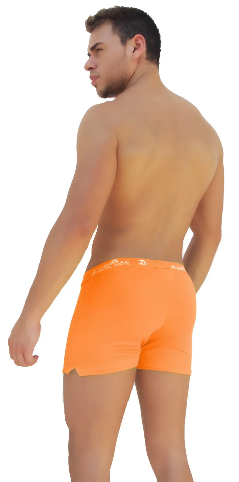 Bright orange icker sea side slit long boxer brief underwear with a subtle white logo on the waistband