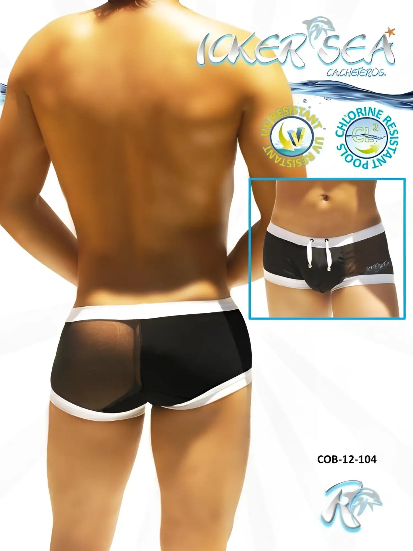 Black and white mesh swim trunks with drawstring waistband and icker sea logo for swimwear cob-12-104