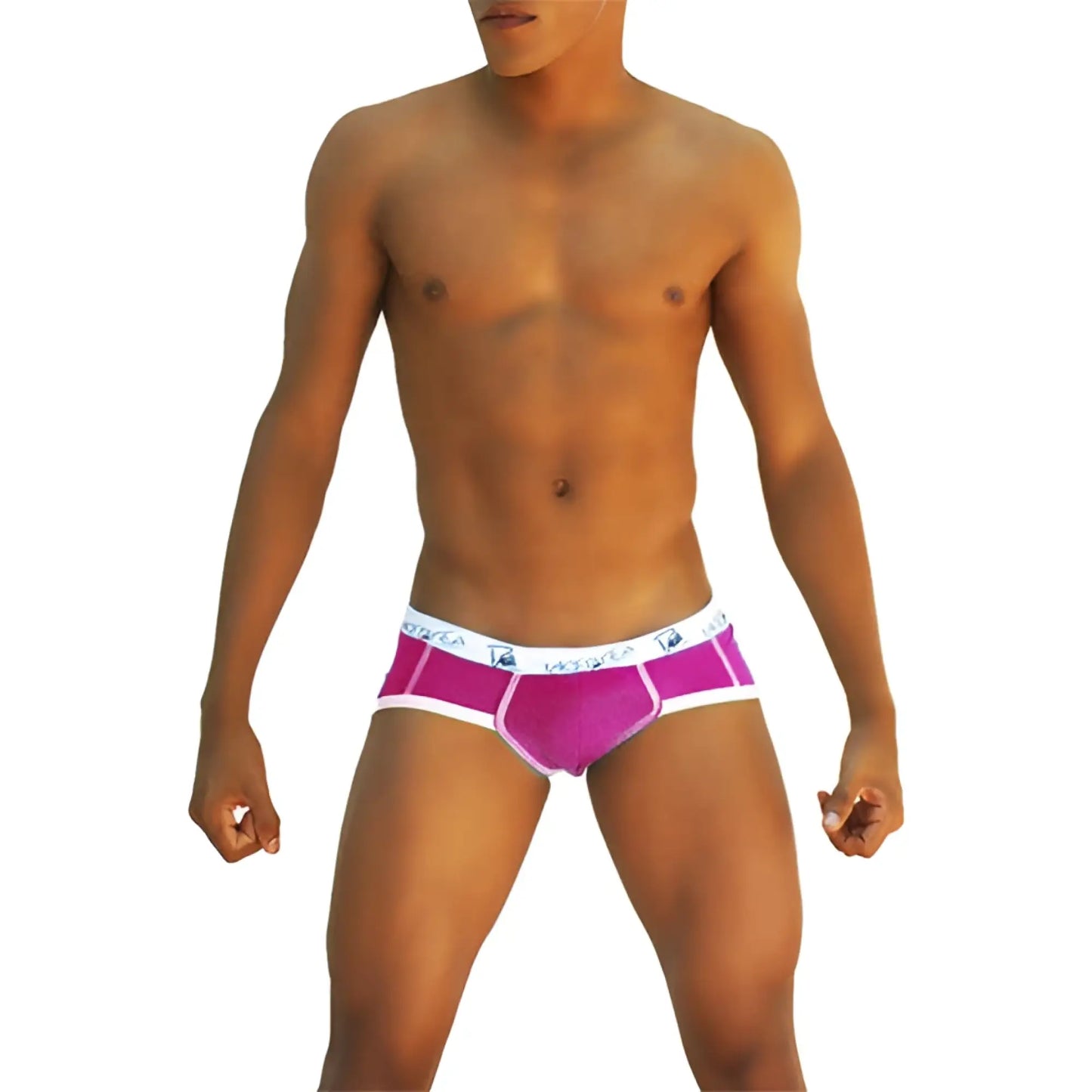 Bright pink fuchsia Icker Sea Smile Me brief underwear with white trim and subtle logo pattern on waistband