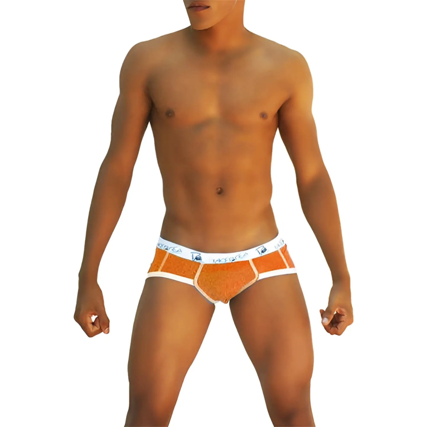 Icker sea smile me brief underwear orange textured briefs with white trim and blue logo on waistband front side