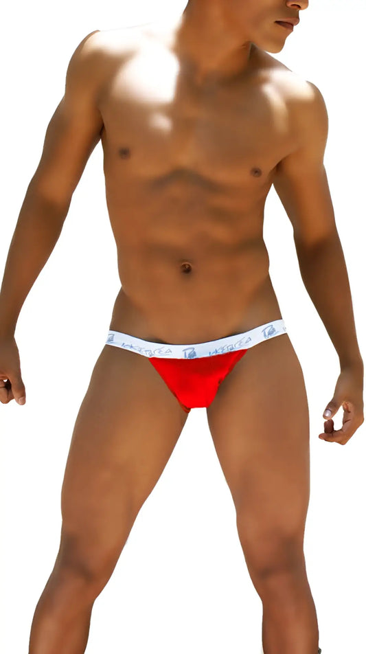 Red icker sea smile me microslip bikini underwear with white waistband and blue text and logos