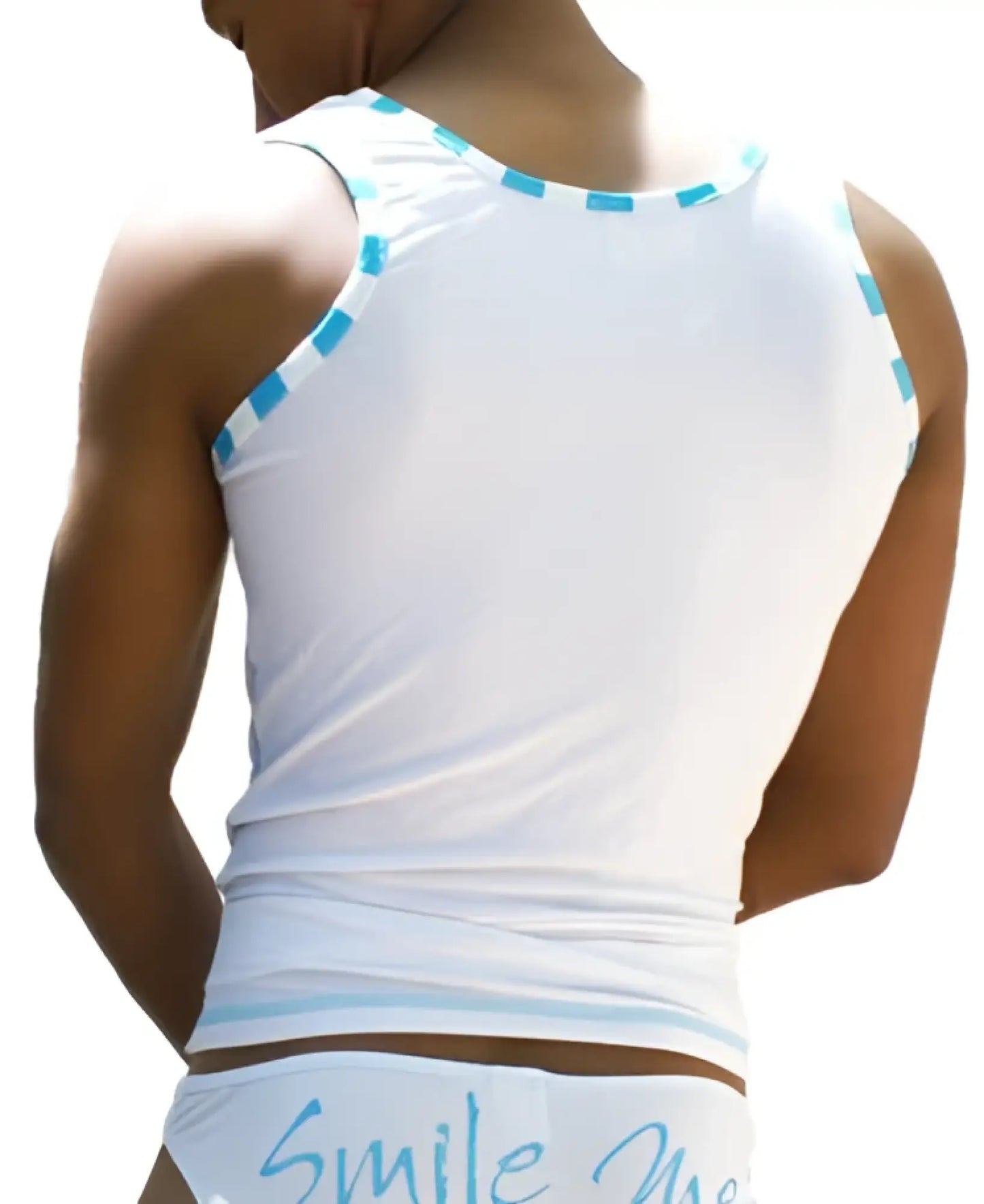 Icker Sea Smile Me Stripe Trim tank top t shirt white with light blue trim and snug fit along neckline and armholes