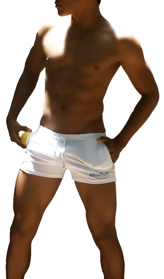 Icker sea sports tennis shorts white shr-13-02 with drawstring waistband and subtle branding on the lower left leg