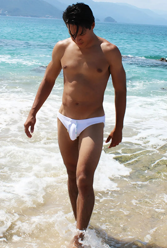 White swim trunks from icker sea spring bikini swimwear with brief low-rise cut and central front panel design