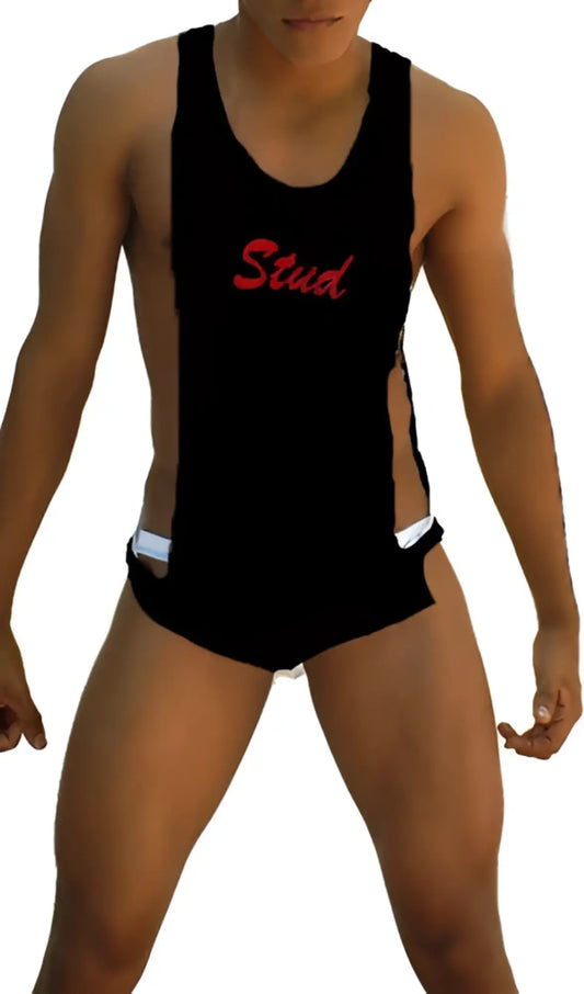 Black tank-style wrestling singlet with red stud lettering across the chest large armhole for athletic use