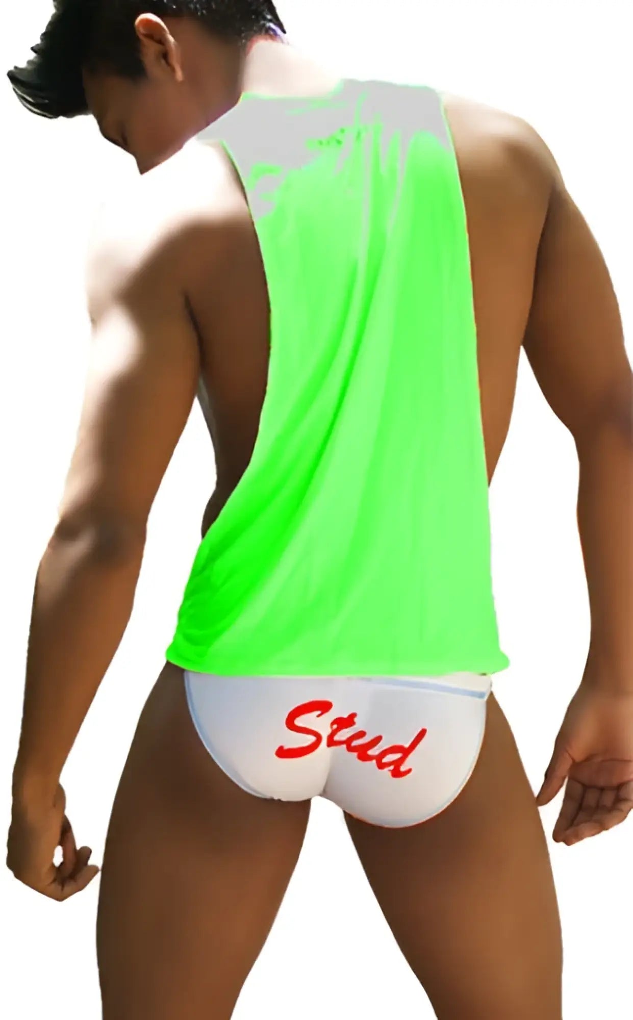 Back view of an icker sea stud large armhole neon green tank top with white trim and red stud lettering on lower back