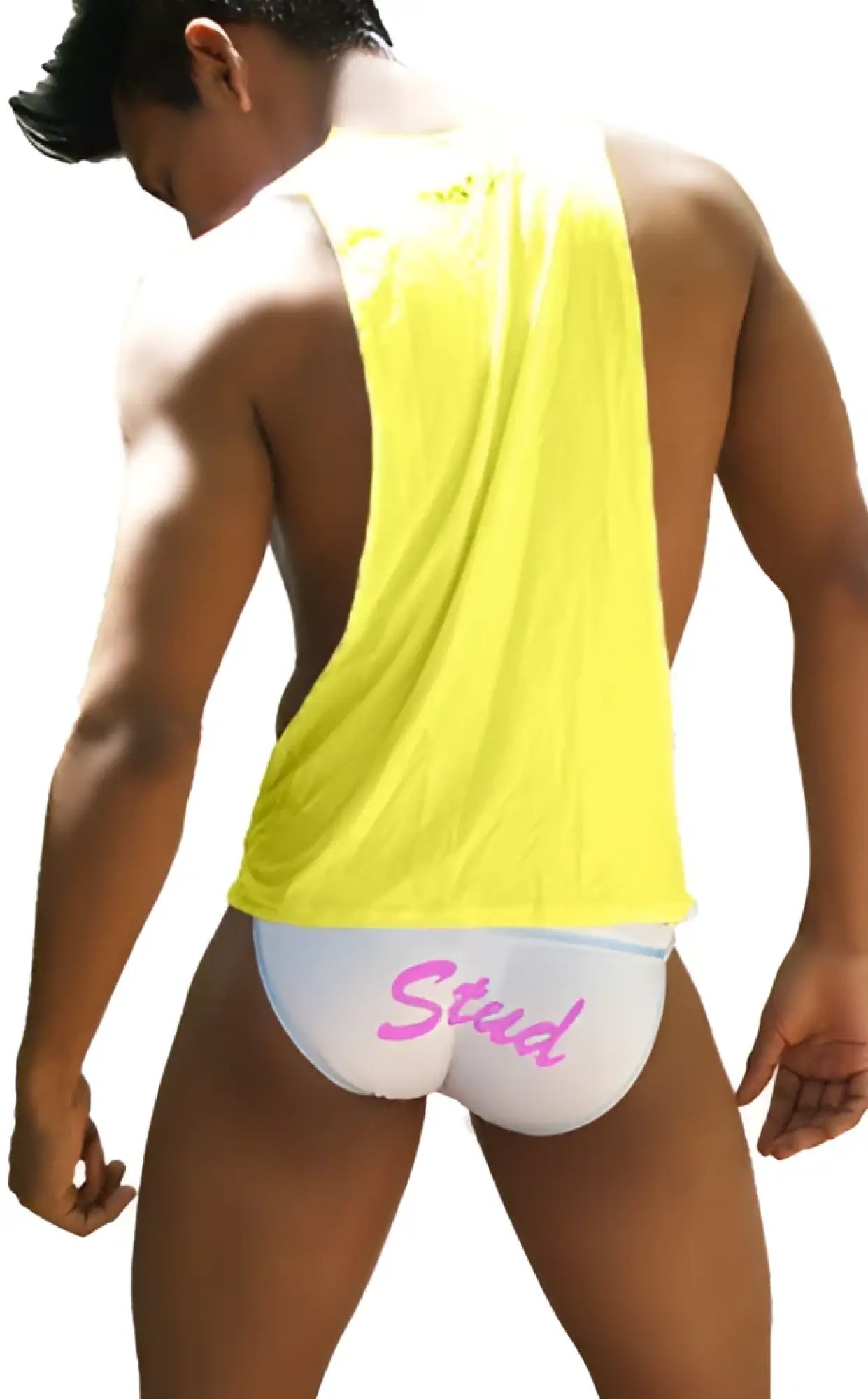 White briefs with pink stud text printed on front paired with icker sea stud large armhole tank top mango pink