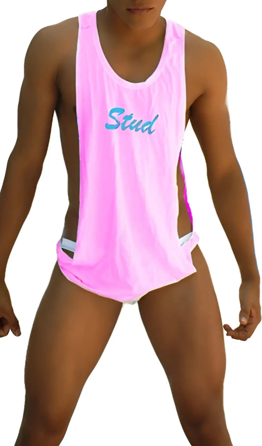 Pink athletic tank top with stud in blue cursive across the chest large armhole design for active wear